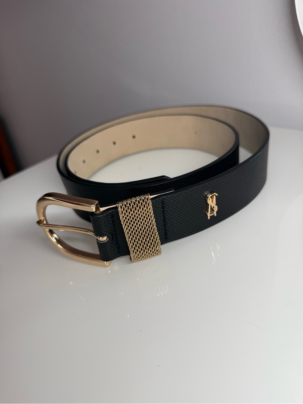 Black Leather Belt with Gold Buckle